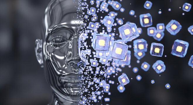 A metallic human head dissolving into glowing blue cubes, representing artificial intelligence or data fragmentation - Powered by Adobe