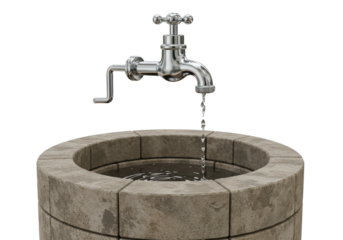 Isolated stone garden well with dripping faucet filling it with water, on display
