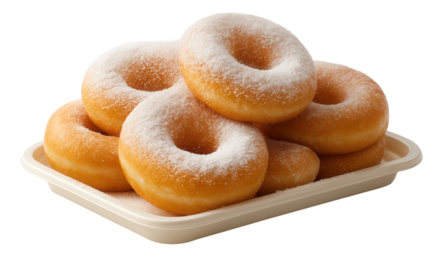 Icing sugar drifting down onto a plastic tray of doughnuts, enveloping them in a sweet white cloud.