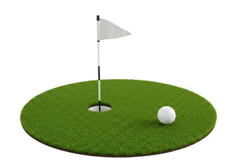 Isolated golf green with hole, flag and golf ball for recreation activity concept