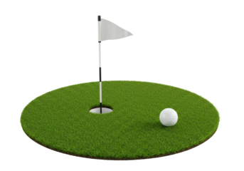 Isolated golf green with hole, flag and golf ball for recreation activity concept