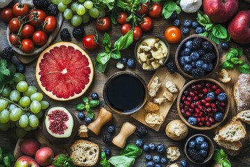 Fruit, vegetables, and bread arranged on a dark wooden surface