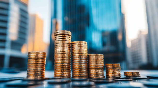 Gold coins stacked in increasing/decreasing columns against a backdrop of modern buildings