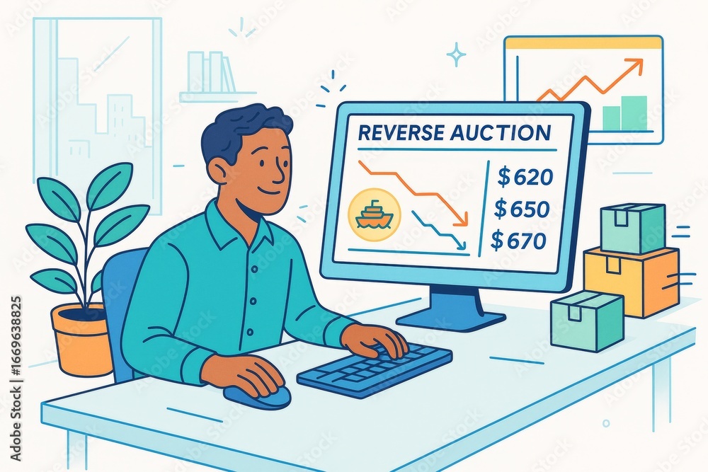 Poster businessman analyzing reverse auction prices on computer monitor in modern workspace surrounded by p
