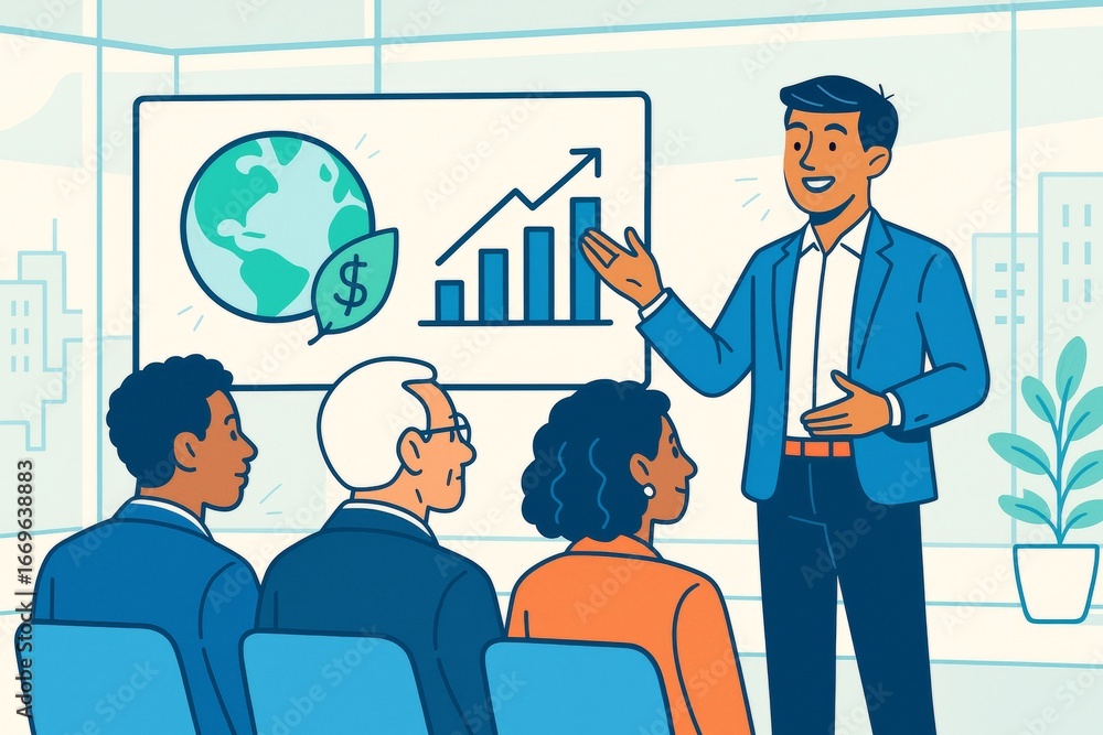 Poster business presentation with diverse team and growing finance chart on screen in modern office backgro