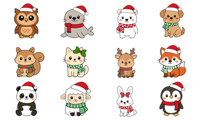 Adorable animals in Santa hats and scarves for Christmas cards, stickers and designs