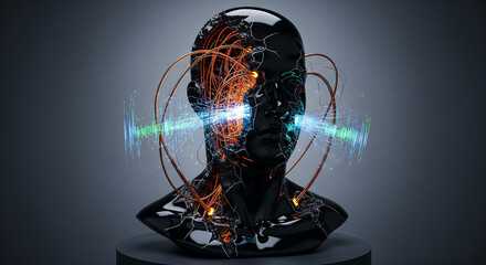 Glossy black human head with intricate glowing circuits and energy beams, representing ai and technology