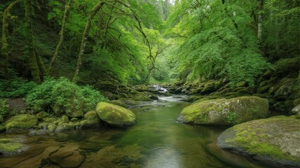 A clear forest stream winds through a lush green woodland, with large mosscovered boulders lining the banks and sunlight filtering through the dense tree canopy