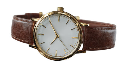 Traditional analog wristwatch isolated on transparent background — high-resolution PNG cutout with clean edges, natural shadow, classic dial and leather strap — ideal for product mockups, e-commerce