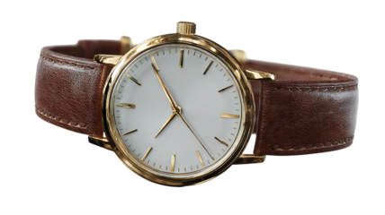 Traditional analog wristwatch isolated on transparent background — high-resolution PNG cutout with clean edges, natural shadow, classic dial and leather strap — ideal for product mockups, e-commerce