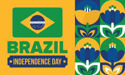 Brazil Independence Day. Happy national holiday. Freedom day. Celebrate annual in September 7. Brazil flag. Patriotic brazilian design. Poster, card, banner, template, background. Vector illustration