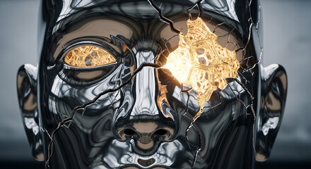Closeup of a cracked chrome robot head with glowing golden energy bursting from the damage