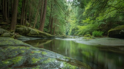 Obraz premium A gentle stream meanders through a dense forest, with sunlight filtering through the canopy, illuminating the verdant undergrowth and rocky banks