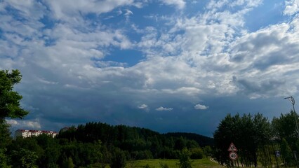 A scenic landscape features a sprawling expanse of trees and grass under a partly cloudy sky. 