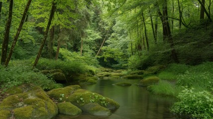 Sunlight dapples a tranquil forest scene where a clear stream flows over mossy rocks, surrounded by abundant green foliage and towering trees