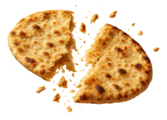 Flatbread splitting, bits flying in a dynamic pattern.