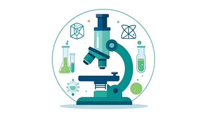A teal microscope surrounded by laboratory glassware and scientific illustrations showcases a vibrant representation of scientific research.