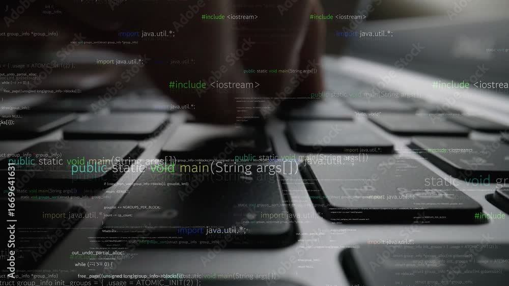 Poster this stock photo captures a close-up view of hands typing on a keyboard, overlaid with programming c
