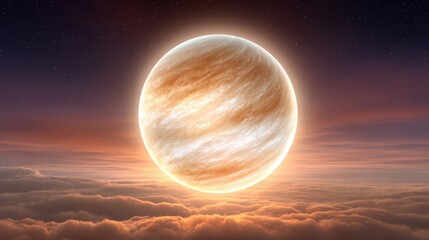 Obraz premium Glowing Beige Planet Rising Above Orange Clouds at Night