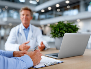Businessman taking notes while listening to doctor explaining in hospital meeting