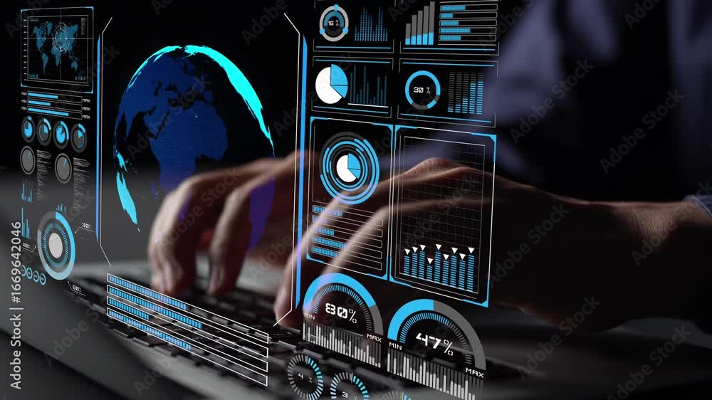 Poster high-tech global network connection interface showing worldwide digital communication, data exchange