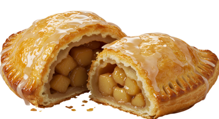 Golden, flaky pastry gleams under drizzle. Apple filled pie showcases treat for food photography, bakery marketing, recipe visuals, or dessert promotions.