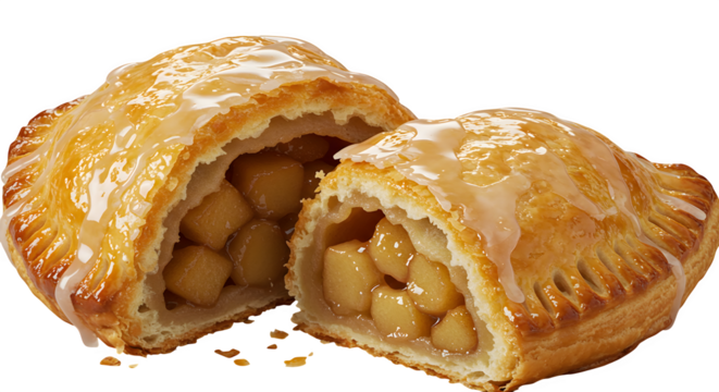 Golden, flaky pastry gleams under drizzle. Apple filled pie showcases treat for food photography, bakery marketing, recipe visuals, or dessert promotions.
