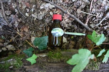 Obraz premium Close-up of a small brown glass bottle with a red cap and a metal spoon placed on the forest floor among dry leaves and green ivy. Concept of traditional medicine, natural remedies, and ecology.