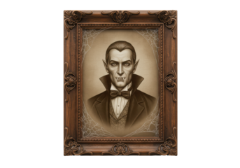 Isolated portrait of a vampire in a vintage frame with cobwebs, Halloween mood
