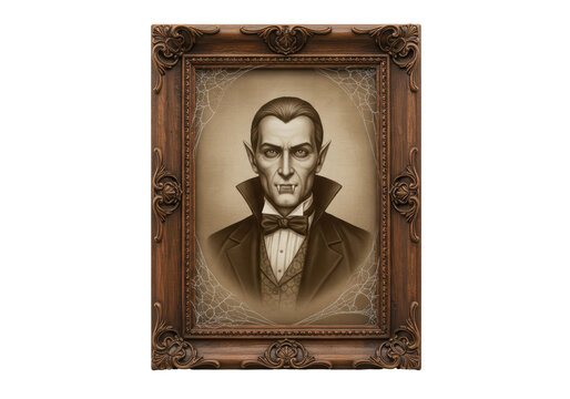 Isolated portrait of a vampire in a vintage frame with cobwebs, Halloween mood
