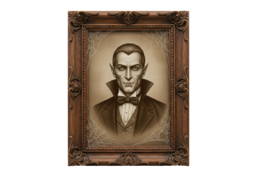 Isolated portrait of a vampire in a vintage frame with cobwebs, Halloween mood