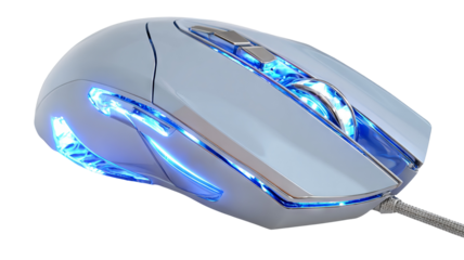 Isolated ergonomic gaming mouse with blue LED lighting — high-resolution PNG-style transparent-background cutout with clean edges for product mockups, e-commerce thumbnails, UI/UX previews