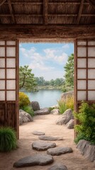 Serene Japanese Garden View Through Wooden Shoji Doors