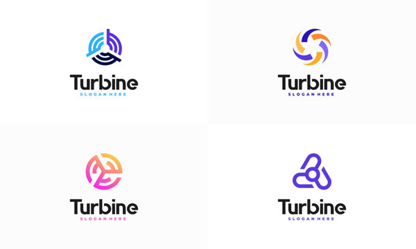 Set of Modern Spinning Turbine logo designs concept, Wind Power energy Technology logo