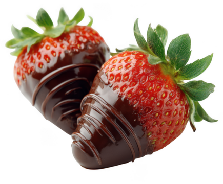 Two ripe strawberries dipped in dark chocolate isolated on transparent background