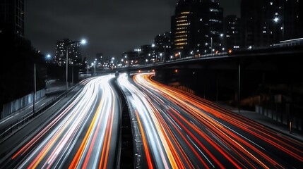 Night city highway with blurred car lights