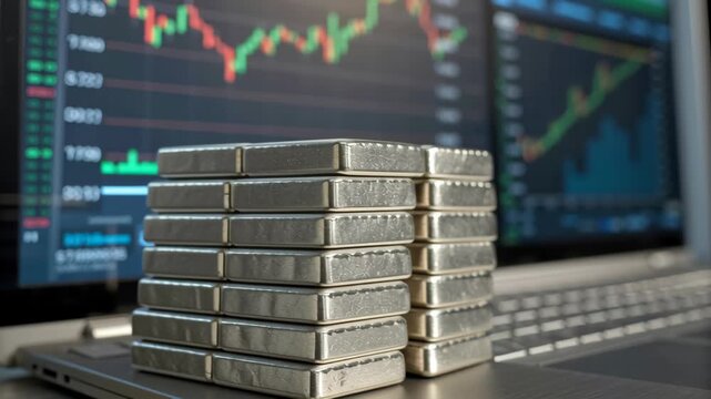 Silver bar stack on laptop keyboard with stock market charts showing metal base investment market trends and analysis