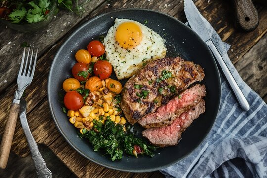 Pan-seared steak with fried egg and vegetables