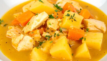 A comforting bowl of chicken and vegetable stew, showcasing tender chicken, diced potatoes, and vibrant carrots in a rich, golden broth.