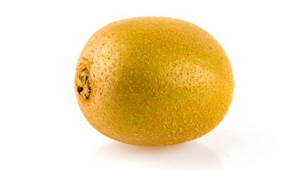 Single, ripe kiwi fruit, displaying a vibrant yellow-gold hue, presented against a plain white backdrop.