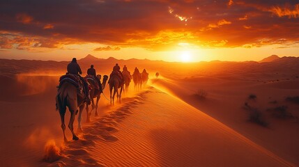 Caravan traversing sandy dunes during golden sunset hour