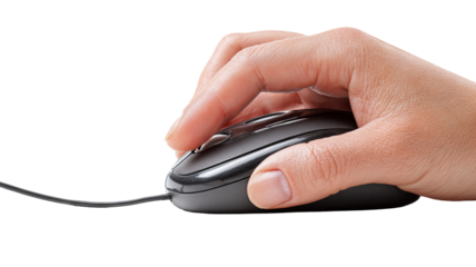 Isolated hand using computer mouse on transparent background — high-resolution PNG-style cutout ideal for product mockups, UI/UX previews, e-commerce thumbnails, web & app design, tech branding