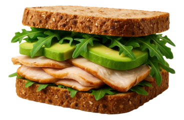 Turkey and avocado sandwich with clear strata of roasted turkey, avocado slices, and arugula on multigrain bread.