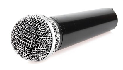 A close-up view of a black microphone, featuring a metallic mesh grille, set against a plain white background.