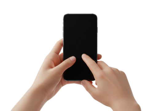 Isolated hands using smartphone device to interact with touch screen tech, interface design