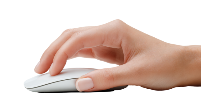 Isolated hand using computer mouse on transparent background — high-resolution PNG-style cutout ideal for product mockups, UI/UX previews, e-commerce thumbnails, web & app design, tech branding
