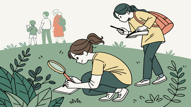 Young Researchers Exploring Nature with Magnifying Glass and Notebooks.
