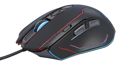 Isolated black gaming mouse with red and blue accents — high-resolution transparent-background PNG-style cutout, ergonomic RGB gamer peripheral for product mockups, UI/UX previews, e-commerce