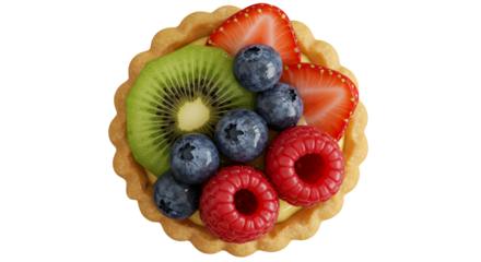 Colorful fruit tart with textured crust sits on a black surface. Perfect for food photography, dessert ads, and restaurant menus.
