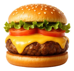 Classic cheeseburger with layers of lettuce, tomato, and beef patty, cheese visibly melting over the sides.